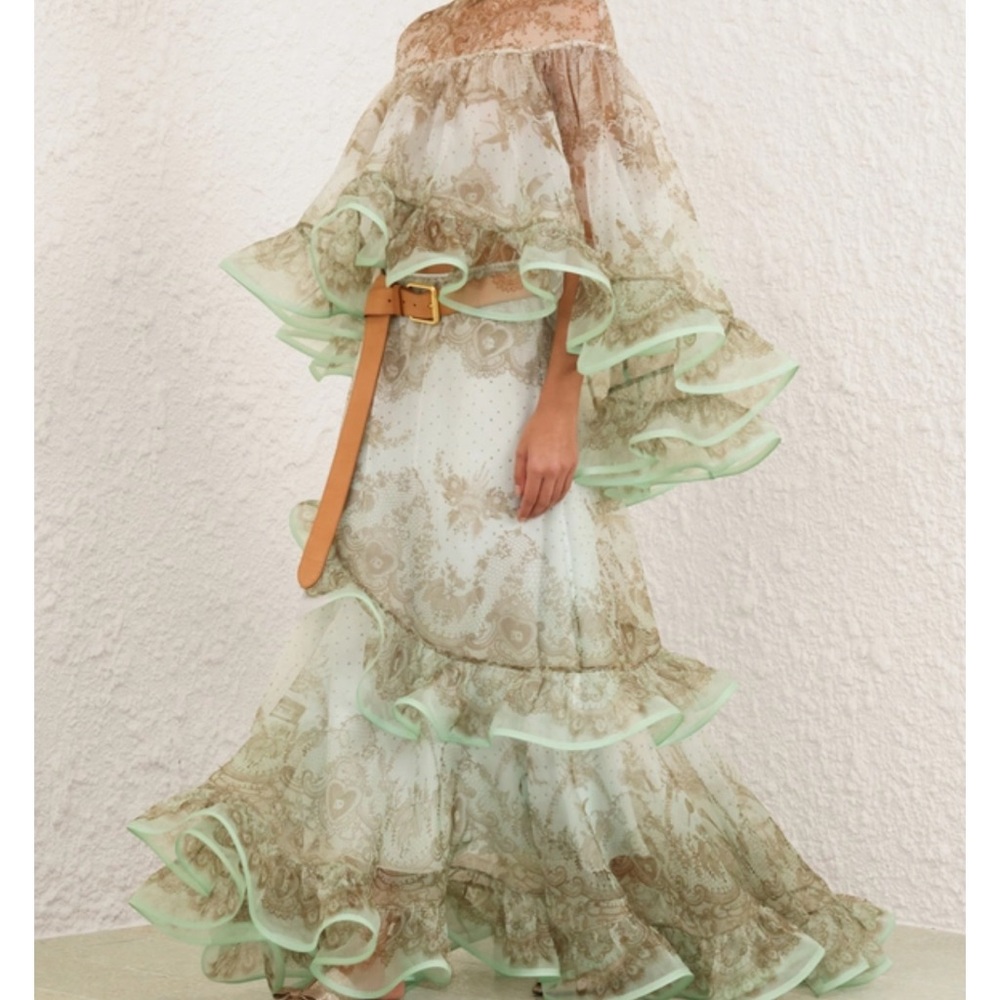 Zimmermann Silver Green Maxi Skirt Ruffled Tiered Prom - Picture 5 of 7